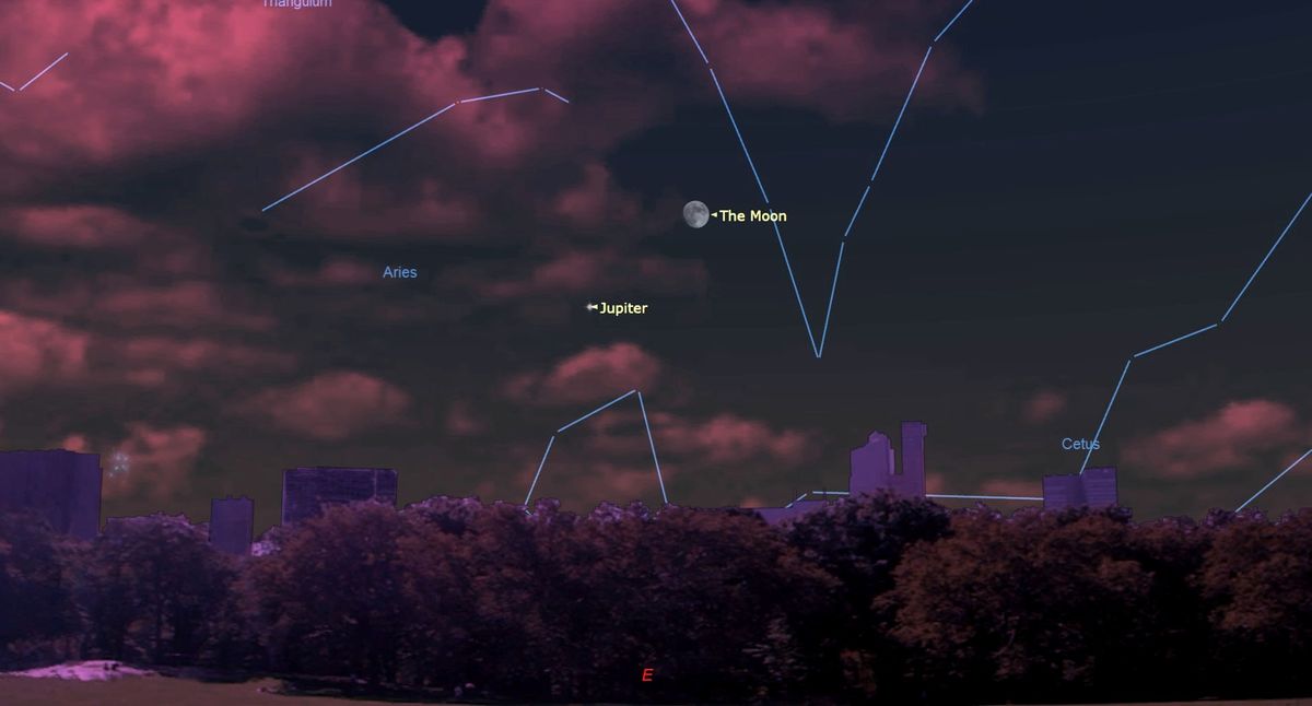 Beobachten Sie, wie der fast Vollmond und Jupiter heute Abend gemeinsam leuchten