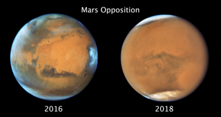 These images of Mars show a very different view of the same hemisphere of the planet. The image on the left, taken in May 2016, shows a clear atmosphere, while the one on the right, snapped in July 2018, reveals the global dust storm that shut down the Opportunity rover.