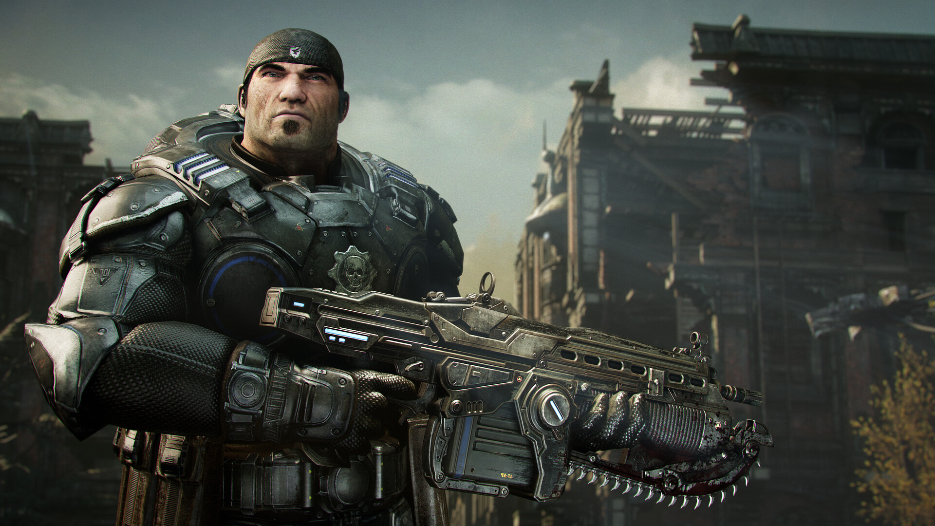 A stern, armored soldier grips a large futuristic rifle amid a devastated urban ruin, under a cloudy sky; the scene feels gritty and tense.