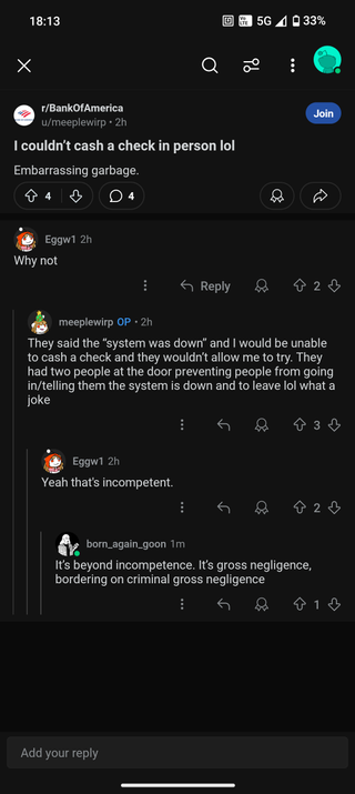 Screenshot of reddit for bank of america 10/2/24