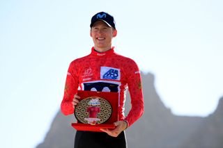 JABAL HATT OMAN FEBRUARY 13 Matteo Jorgenson of The United States and Movistar Team celebrates at podium as Red Leader Jersey winner during the 12th Tour of Oman 2023 Stage 3 a 1518km stage from Al Khobar to Jabal Hatt 1000m TourofOman on February 13 2023 in Jabal Hatt Oman Photo by Alex BroadwayGetty Images