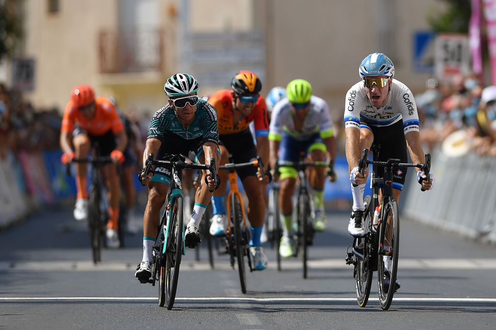 BEZIERS FRANCE AUGUST 01 Sprint Arrival Bryan Coquard of France and Team BB Hotels Vital Concept Elia Viviani of Italy and Team Cofidis European Champion Jersey Sonny Colbrelli of Italy and Team Bahrain McLaren during the 44th La Route dOccitanie La Depeche du Midi 2020 Stage 1 a 187km stage from Saint Affrique to Cazouls ls Bziers RouteOccitanie RDO2020 on August 01 2020 in Beziers France Photo by Justin SetterfieldGetty Images
