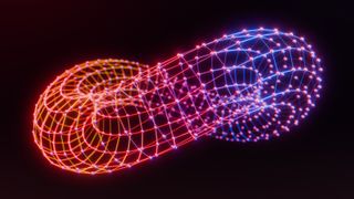 Glowing red and blue digital network in a torus shape. 3D Rendering.