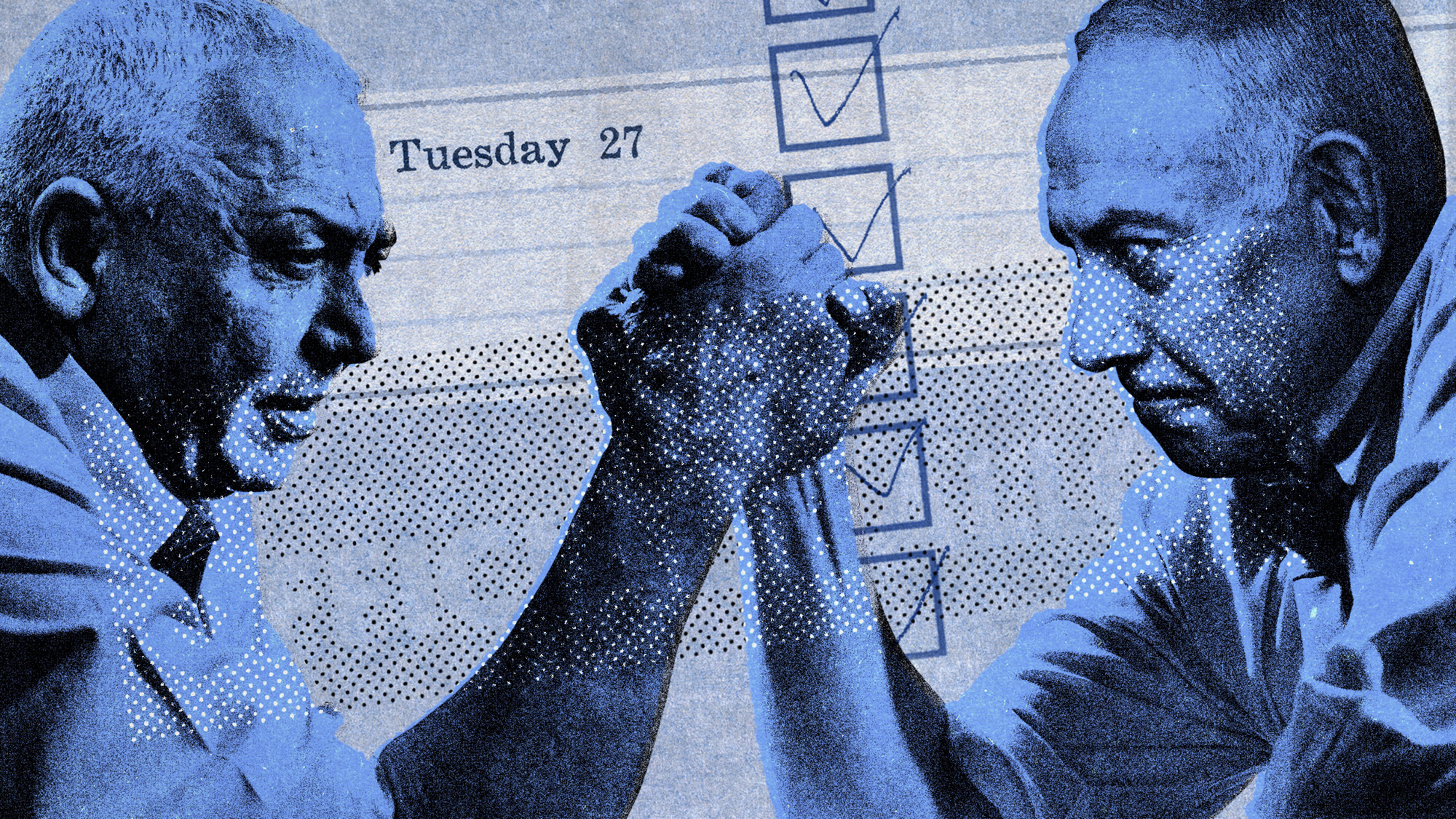 Photo collage of Gadi Eisenkot and Benjamin Netanyahu arm wrestling over a ballot paper