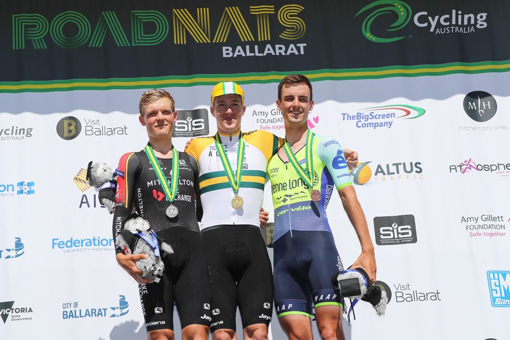 Callum Scotson (Mitchelton-BikeExchange) takes centre stage on the podium