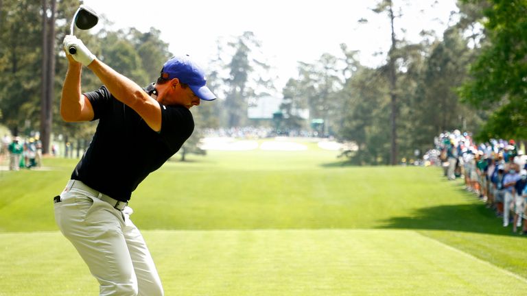 Rory McIlroy takes a shot from the seventh tee during the 2021 Masters at Augusta National