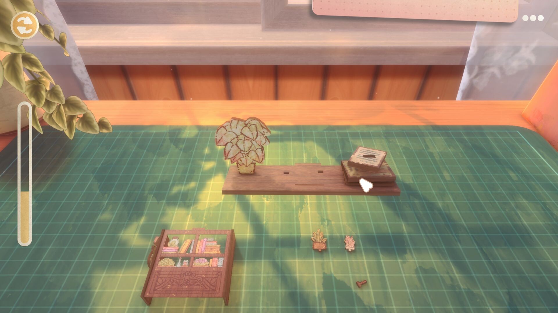 A grid mat with miniature pieces that you piece together in laidback puzzle game, Book Nook