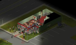 Best zombie games - a screenshot of a horde entering a diner during Project Zomboid.