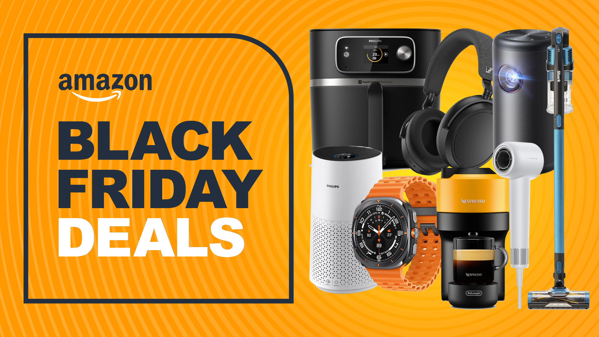 Assortment of tech on a yellow background with &quot;Amazon Black Friday Deals&quot; text
