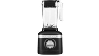 A black kitchenaid blender on a white background