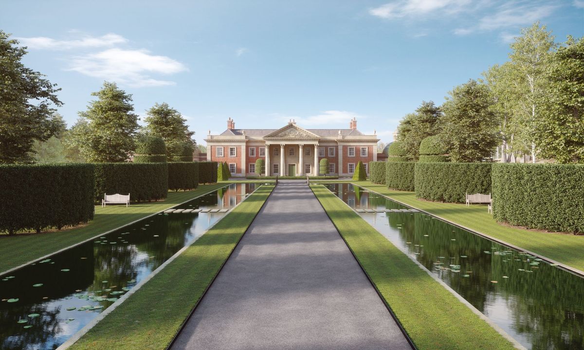 Driveway and full estate of the proposed self build plot showing a vast garden and two moats either side of the driveway and distant trees
