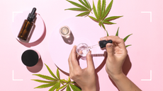 Bottles with CBD oil, THC tincture and cannabis leaves on pink background. Alternative cosmetics medical concept