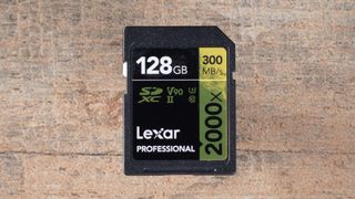 Lexar 2000x, one of the best SD cards, on a wooden surface