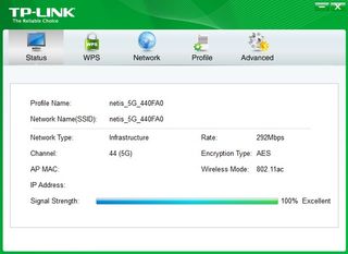 Figure 18 - The screenshot of the TP-Link software shows the SSID of the network connected to, the wireless mode, the estimated throughput, the signal strength and the channel used.