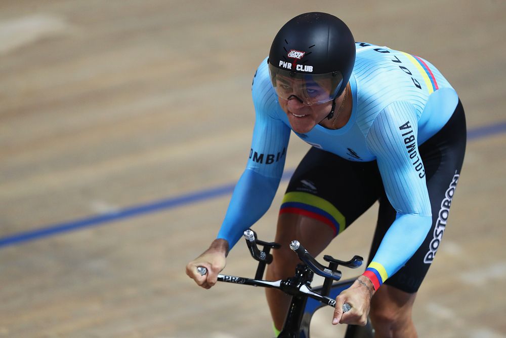 Santiago Ramirez Morales of Colombia competes in the Men's 1Km Time Trial race on day three of the UCI Track Cycling World Championships