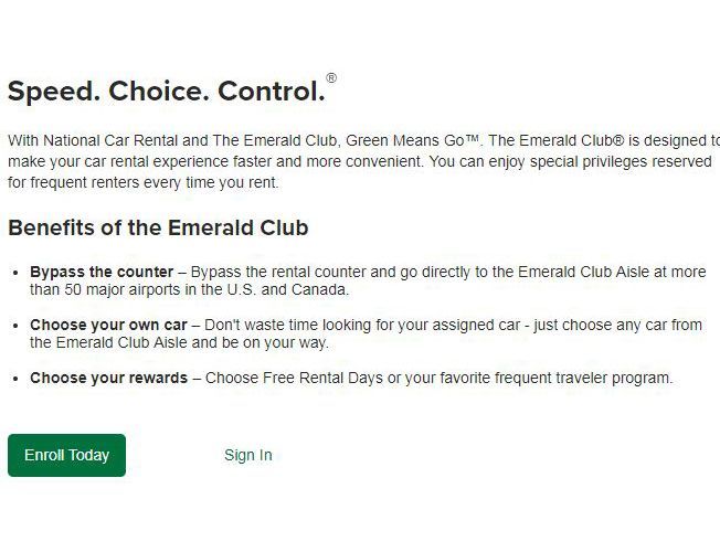 The Emerald Club is National&rsquo;s rewards program.