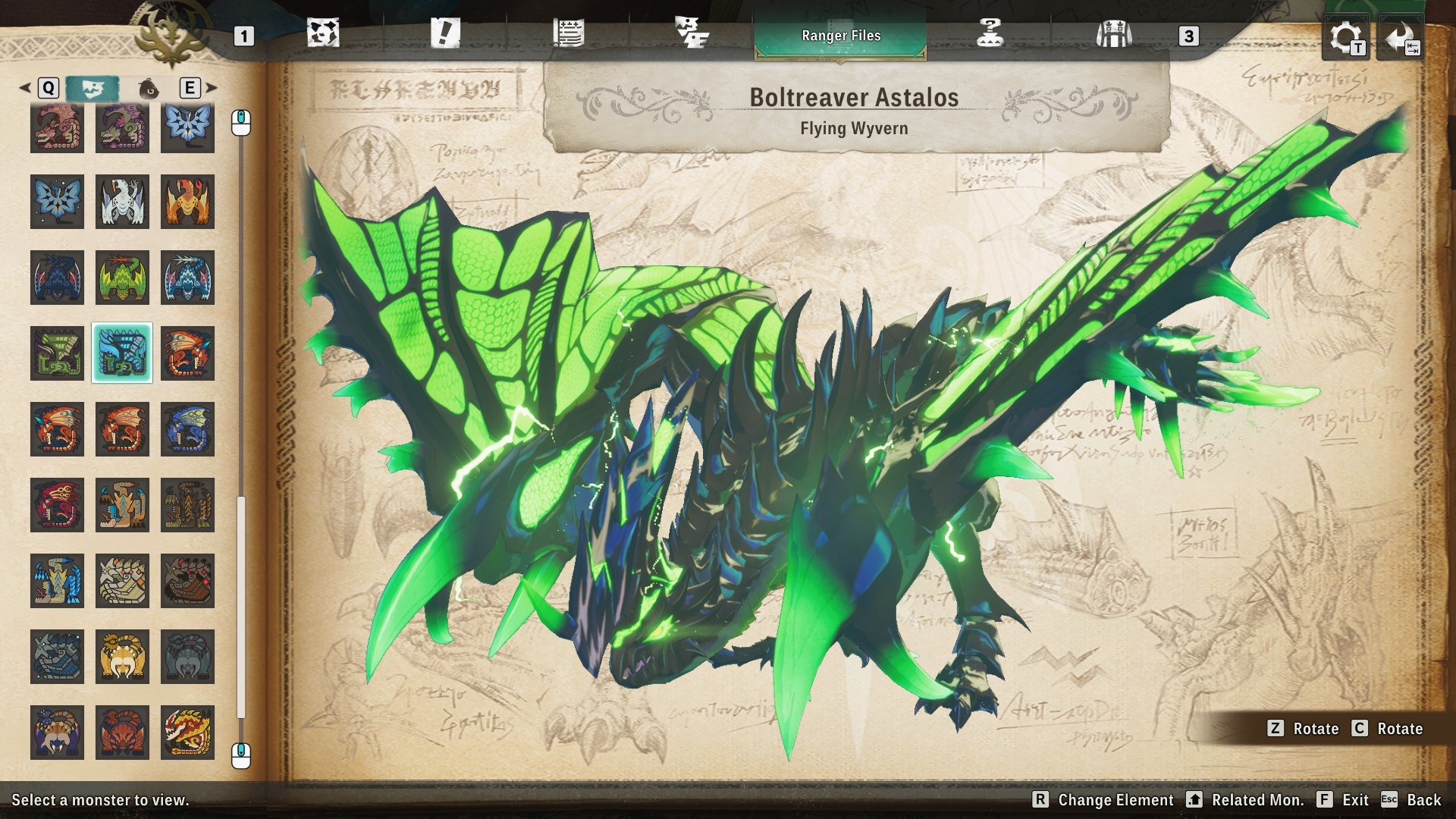 The Boltreaver Astalos monster mutation from Monster Hunter Stories 3. It's a green and black flying wyvern.
