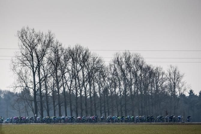 The peloton starts to get strung out.