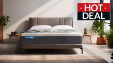 Lifestyle image of the Simba Hybrid Pro in a bedroom with a T3 Hot Deal badge