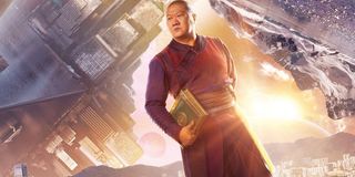 Doctor Strange Wong walking in an alternate dimension with a book in hand.