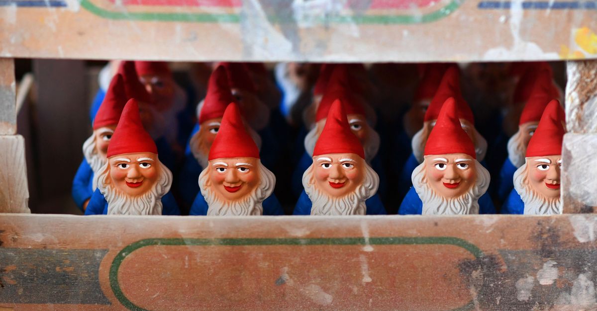 Garden gnomes are pictured at the Gartenzwergmanufaktur Philipp Griebel garden gnome manufacturer in Graefenroda near Ilmenau, central Germany, on August 25, 2017.