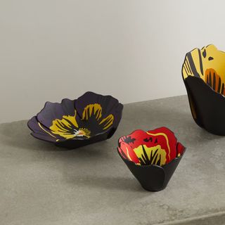 Vases, black exterior, flower design, yellow, red and black inside
