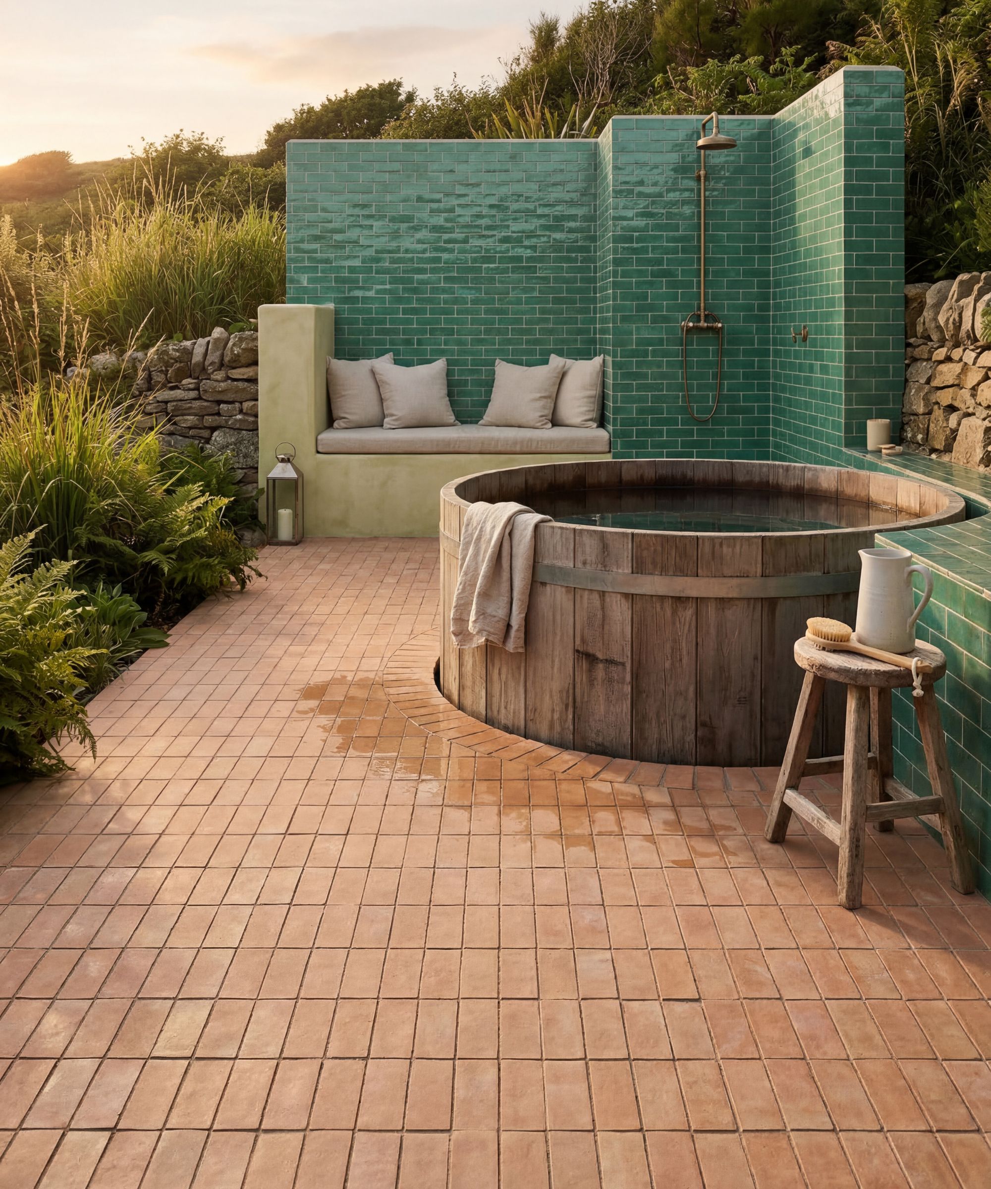 A terracotta-tiled outdoor spa with a round wooden hot tub, teal green brick-tiled walls, outdoor shower, and a linen cushion bench seat.