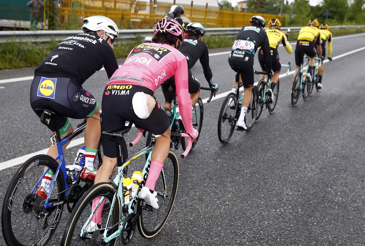 Primoz Roglic (Jumbo-Visma) was left with road rash and a hole in his shorts after the early crash