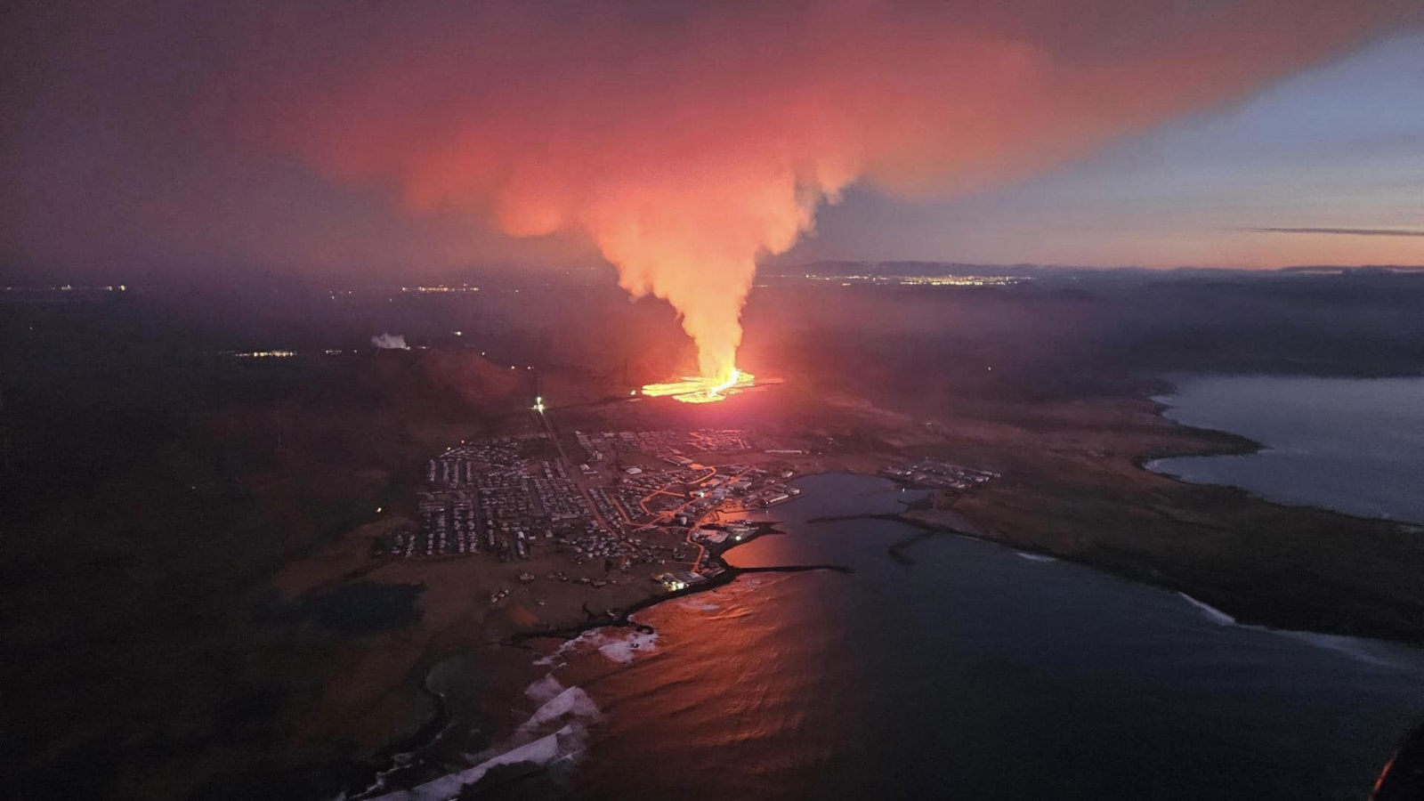 An aerial view shows lava after volcano eruption located close to Sundhnukagigar, about 4 kilometers northeast of Grindavik town of Reykjanes peninsula, Iceland on January 14, 2024.