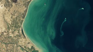 a satellite's view of a tiny island off of a larger coastline. a wispy trail of muddy water extends downward away from the island in the surrounding water