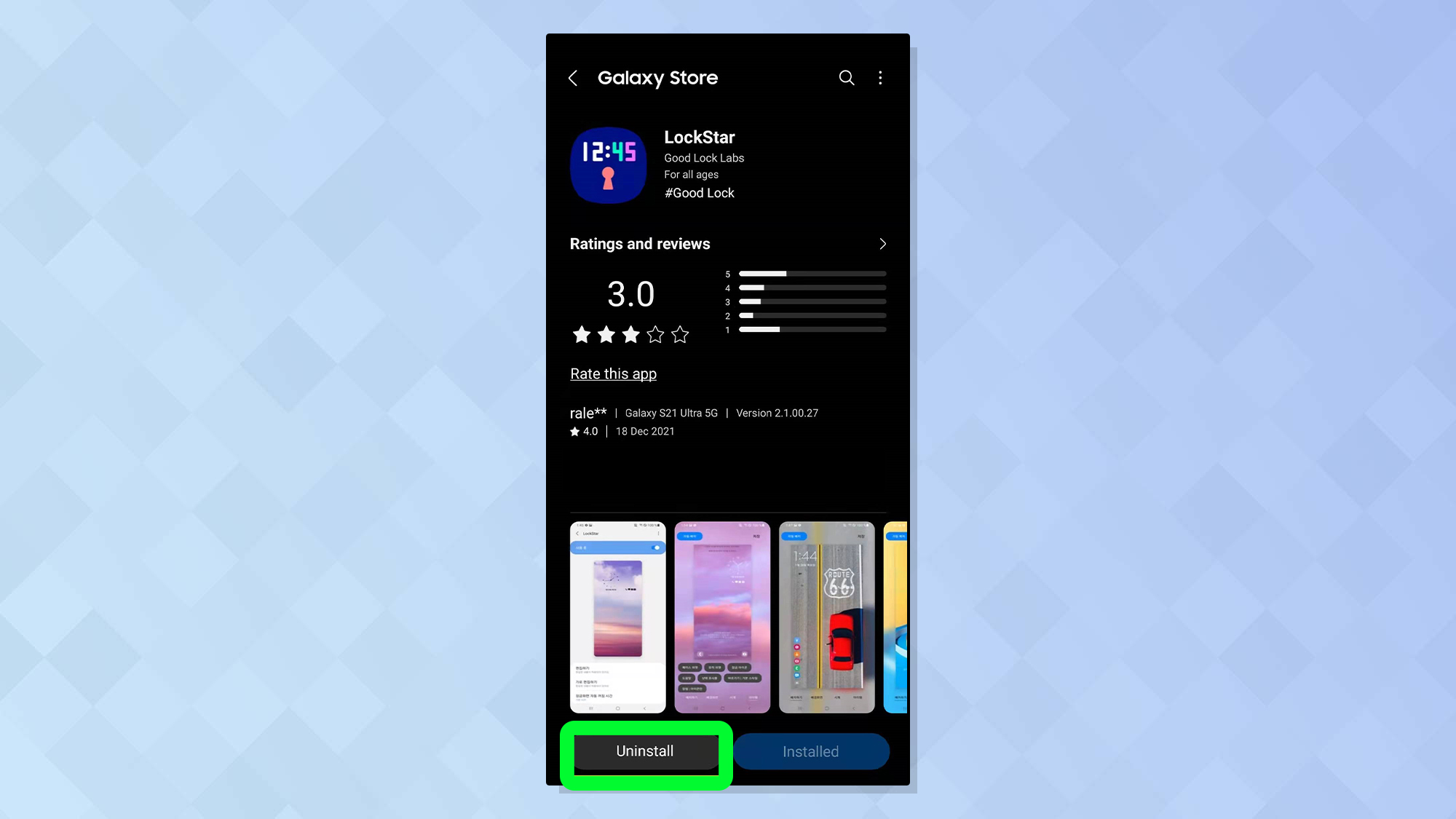 A screenshot of Samsung's GoodLock app showing how to uninstall it