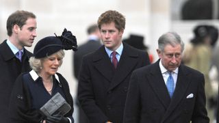 Prince William, Camilla, Duchess of Cornwall, Prince Harry and Prince Charles, Prince of Wales attend the unveiling of a memorial of Queen Elizabeth, The Queen Mother, on the Mall on February 24, 2009 in London, England.