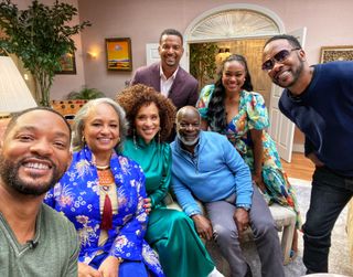 From left, Will Smith, Daphne Maxwell Reid, Karyn Parsons, Alfonso Ribeiro, Joseph Marcell, Tatyana Ali, and DJ Jazzy Jeff in "The Fresh Prince of Bel-Air" reunion special.