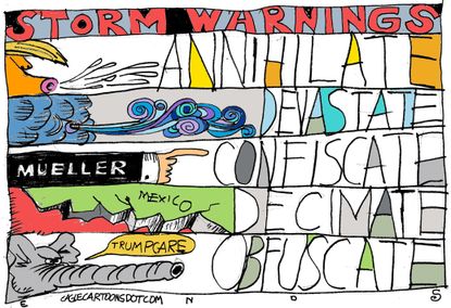 Political cartoon U.S. hurricanes Trump Russia investigation Mexico earthquake repeal Obamacare