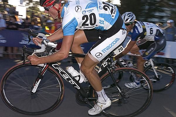 James Mowatt (Mazda) corners in the peloton during race three of the series in Geelong.