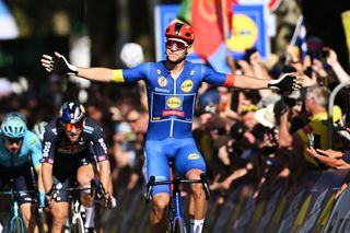 HEILBRONN GERMANY AUGUST 22 Jonathan Milan of Italy and Team Lidl Trek Blue Leader Jersey celebrates at finish line as stage winner during the 39th Deutschland Tour 2024 Stage 1 a 1763km stage from Schweinfurt to Heilbronn on UCIWT August 22 2024 in Heilbronn Germany Photo by Christian KasparBartkeGetty Images