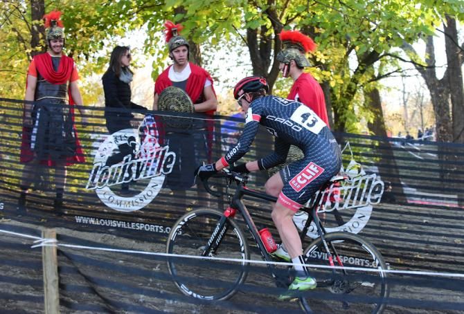 Ben Sonntag (Clif Bar) riding in sand past the Roman Centurians