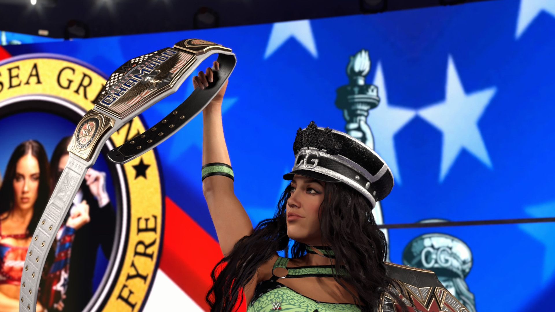Chelsea green raises a belt as she enters the ring in WWE 2K26