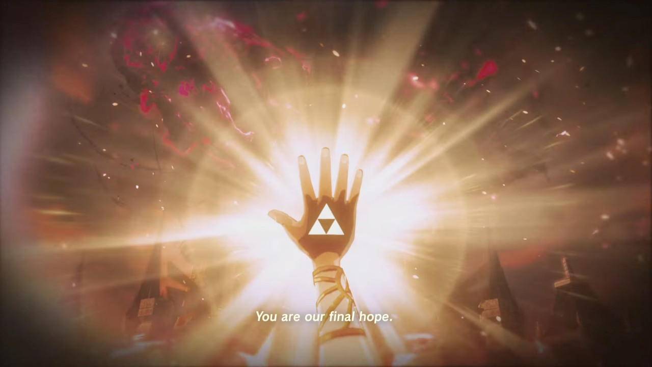 Zelda's hand glows with the Triforce in The Legend of Zelda: Breath of the Wild