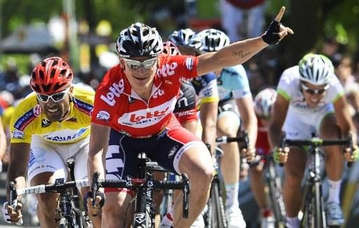 Andre Greipel (Lotto Belisol) celebrates victory in stage 3 at the Tour of Belgium, the German's third straight win.