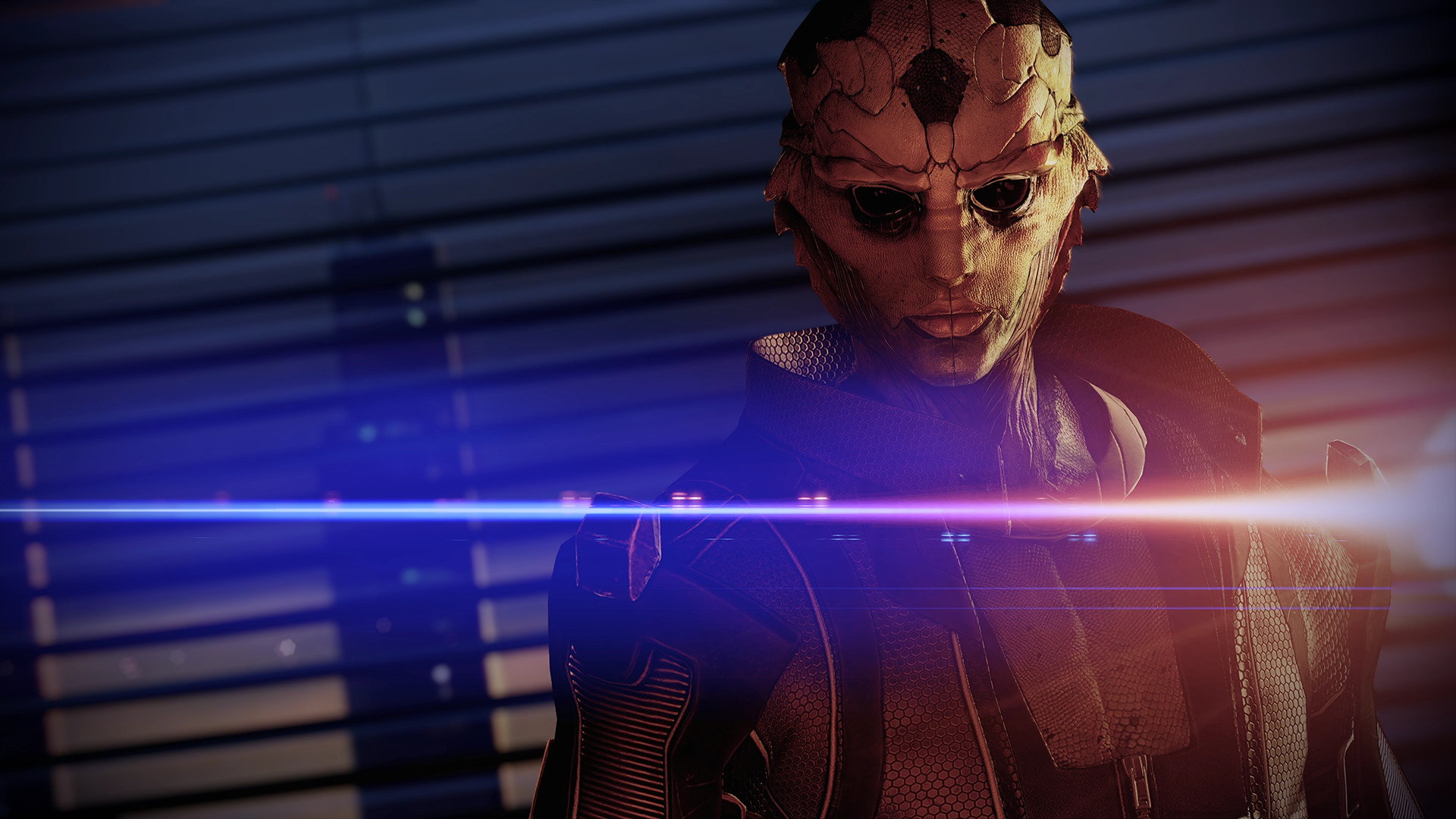 In Mass Effect 2, companion Thane stands before a window with a beam of light shining through the blinds