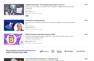 A screenshot of the Udemy website showing a list of free coding courses