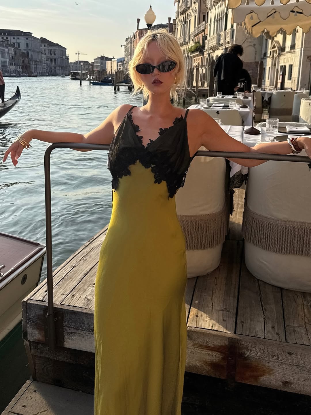 Betty Bachz wears green and black maxi dress