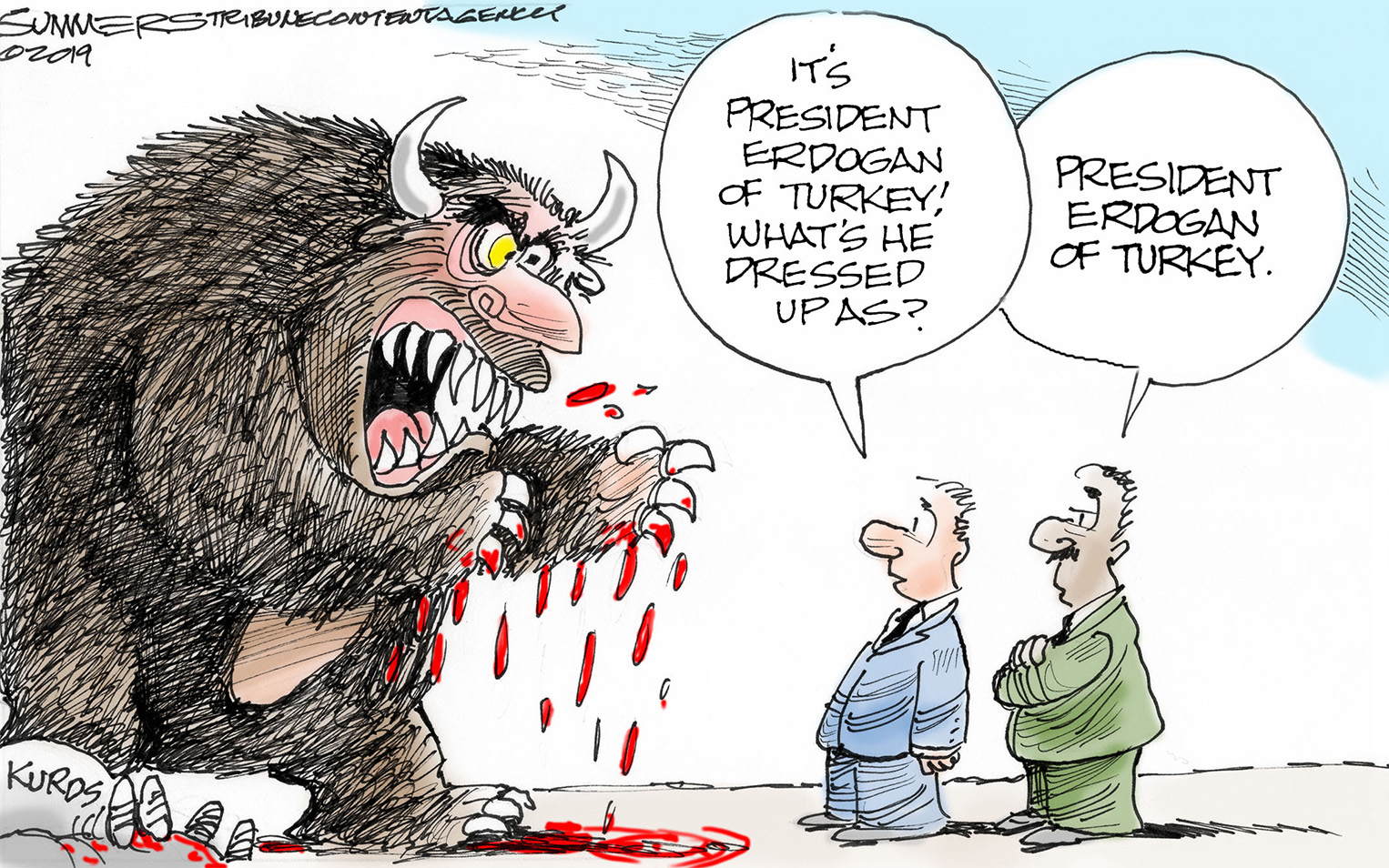 Political Cartoon World President Erdogan Turkey Monster Kurds