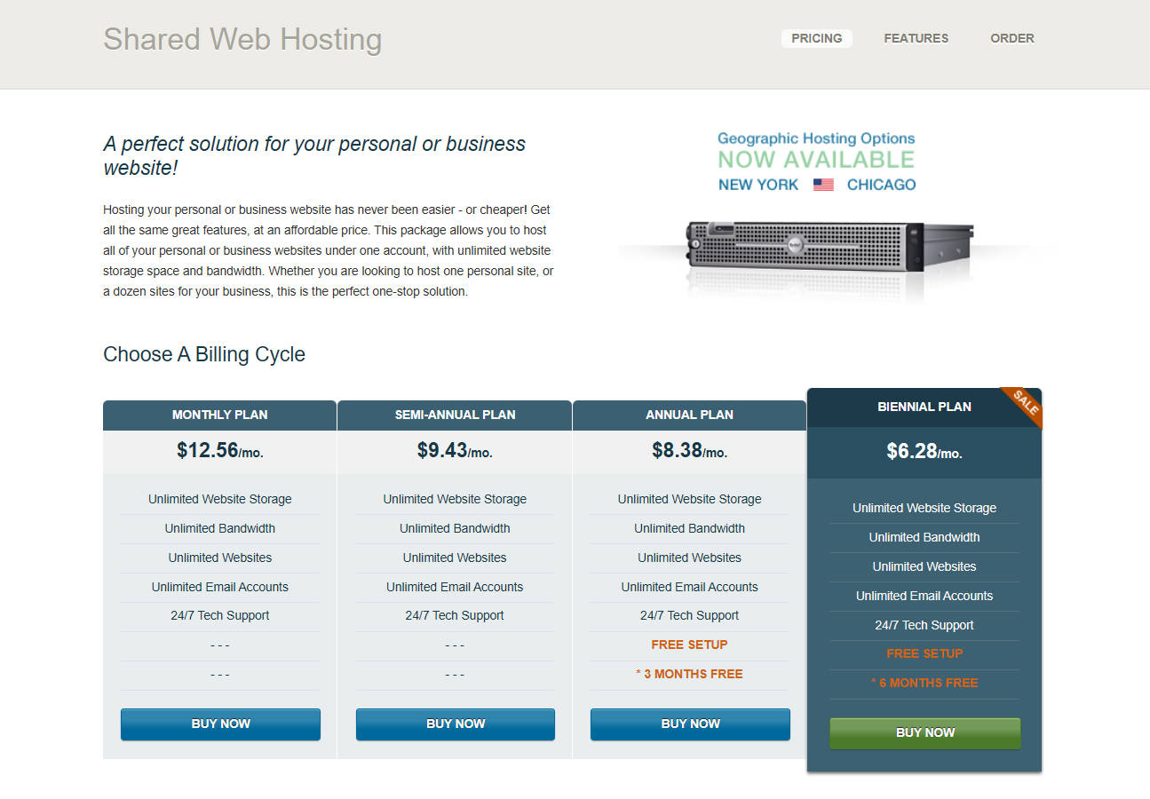 A screenshot of HostRocket's shared web hosting plans and prices