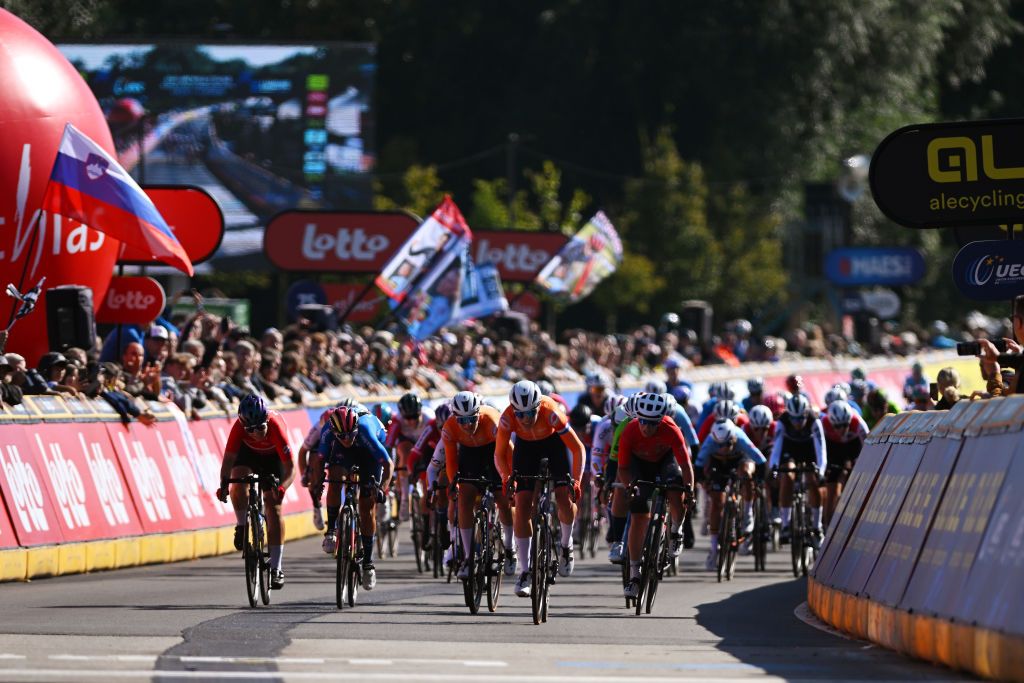 HASSELT BELGIUM SEPTEMBER 13 A general view of Sofie Van Rooijen of Team Netherlands Scarlett Souren of Team Netherlands and Eleonora Gasparrini of Team Italy sprint at finish line during the 30th UEC Road Cycling European Championships 2024 Womens U23 Road Race a 1014km one day race from HeusdenZolder to Hasselt UCIWWT on September 13 2024 in Hasselt Belgium Photo by Luc ClaessenGetty Images