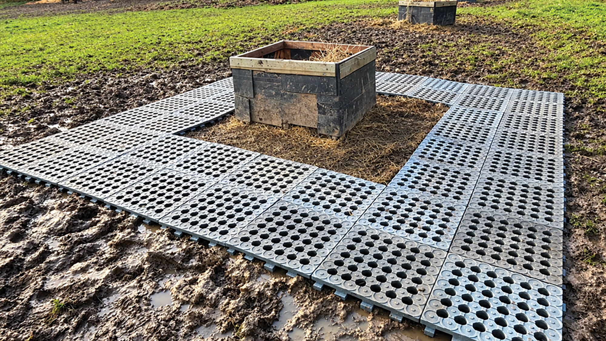 Hay box in muddy field surrounded by mud mats