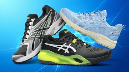 Three Asics shoes against an electric blue background