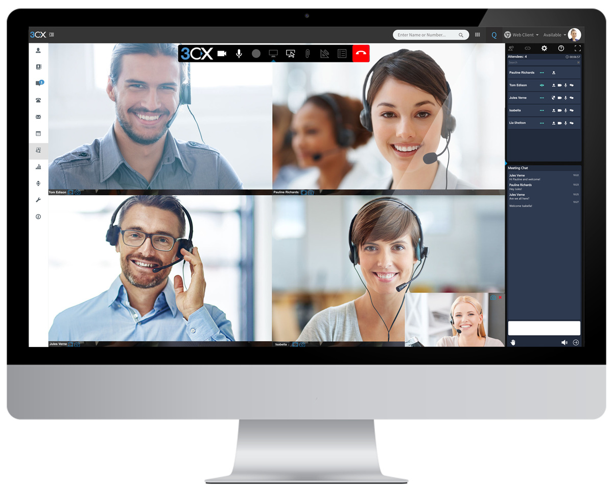 Four people chat in a video conference on a laptop screen