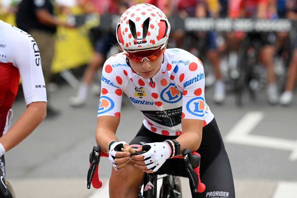 ROSHEIM FRANCE JULY 29 Femke Gerritse of Netherlands and Team Parkhotel Valkenburg Polka Dot Mountain Jersey prior to the 1st Tour de France Femmes 2022 Stage 6 a 1286km stage from SaintDidesVosges to Rosheim TDFF UCIWWT on July 29 2022 in Rosheim France Photo by Dario BelingheriGetty Images
